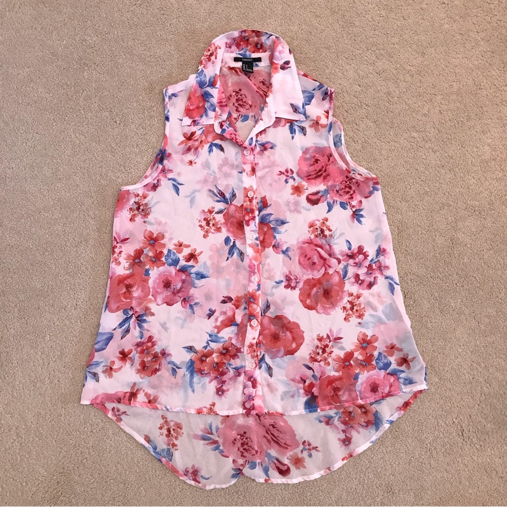 Forever 21 Sheer Sleeveless Floral Blouse Womens Size Small Pink Orange Blue